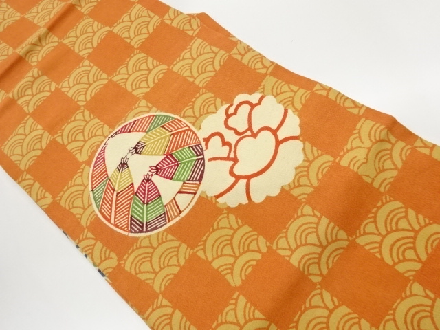 縮緬地型染丸文に松葉・市松・青海波模様名古屋帯